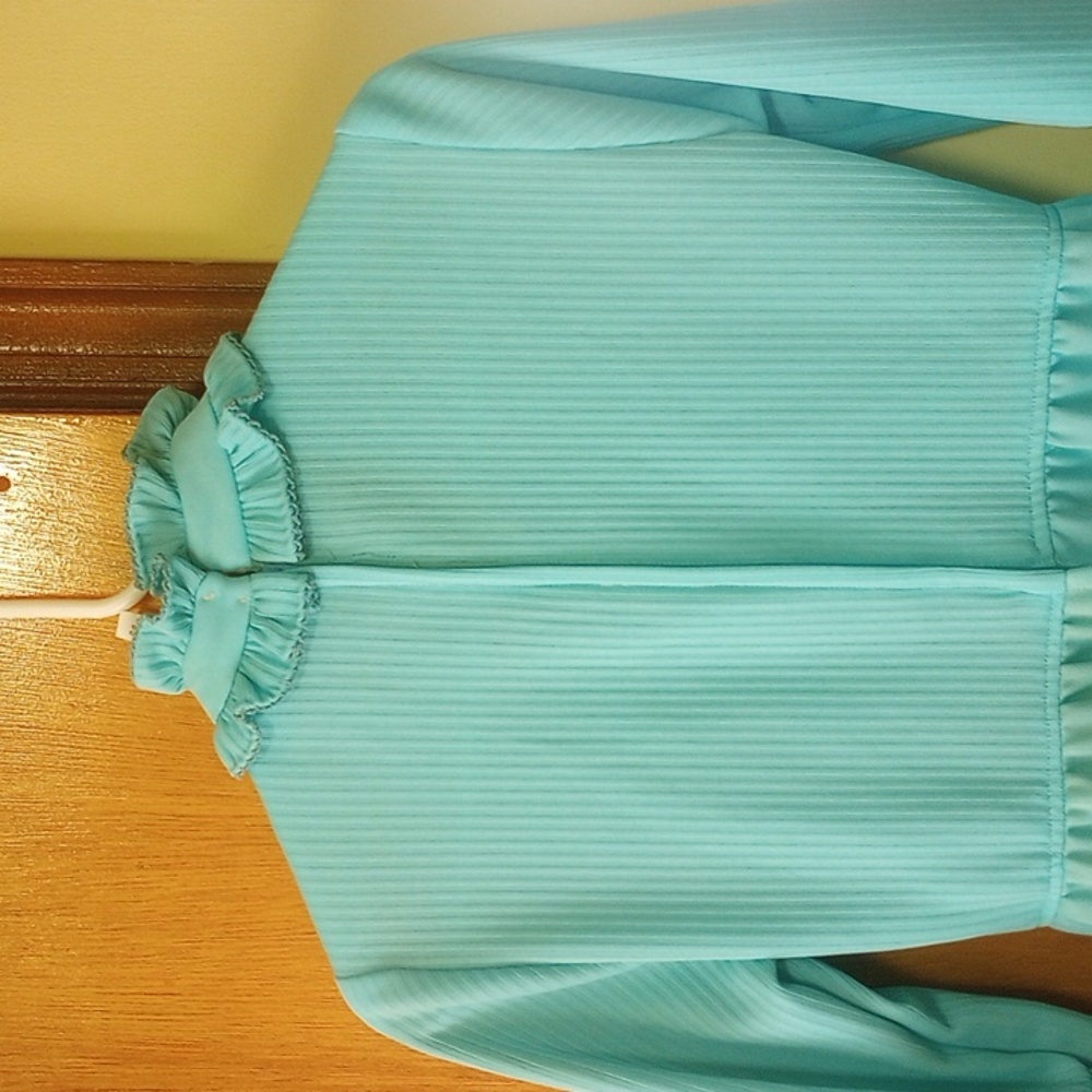 Vtg Size 9 Modest Full Length Blue Dress w/ High Collar, Long Sleeves & Ruffle - Picture 4 of 6
